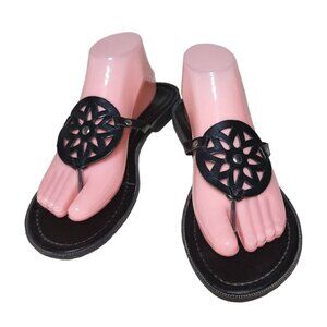 Women's Black Leather Medallion Flip Flop Sandals 8.5 Made in Brazil Flower Stud
